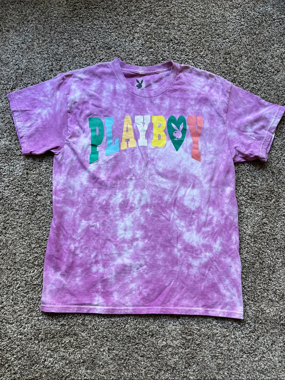 PLAYBOY Women’s Tie-Dye Graphic Tee with Multicolor Logo. Size Large